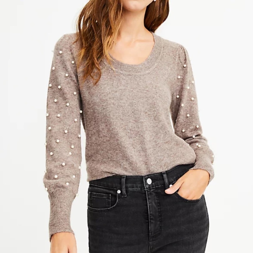 LOFT Light Brown Pearlized Sleeve Crew Neck Sweater